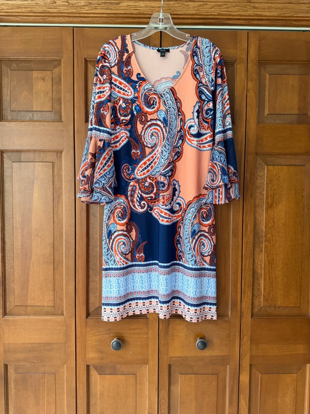 MSK Peach and Navy Paisley V-Neck Dress